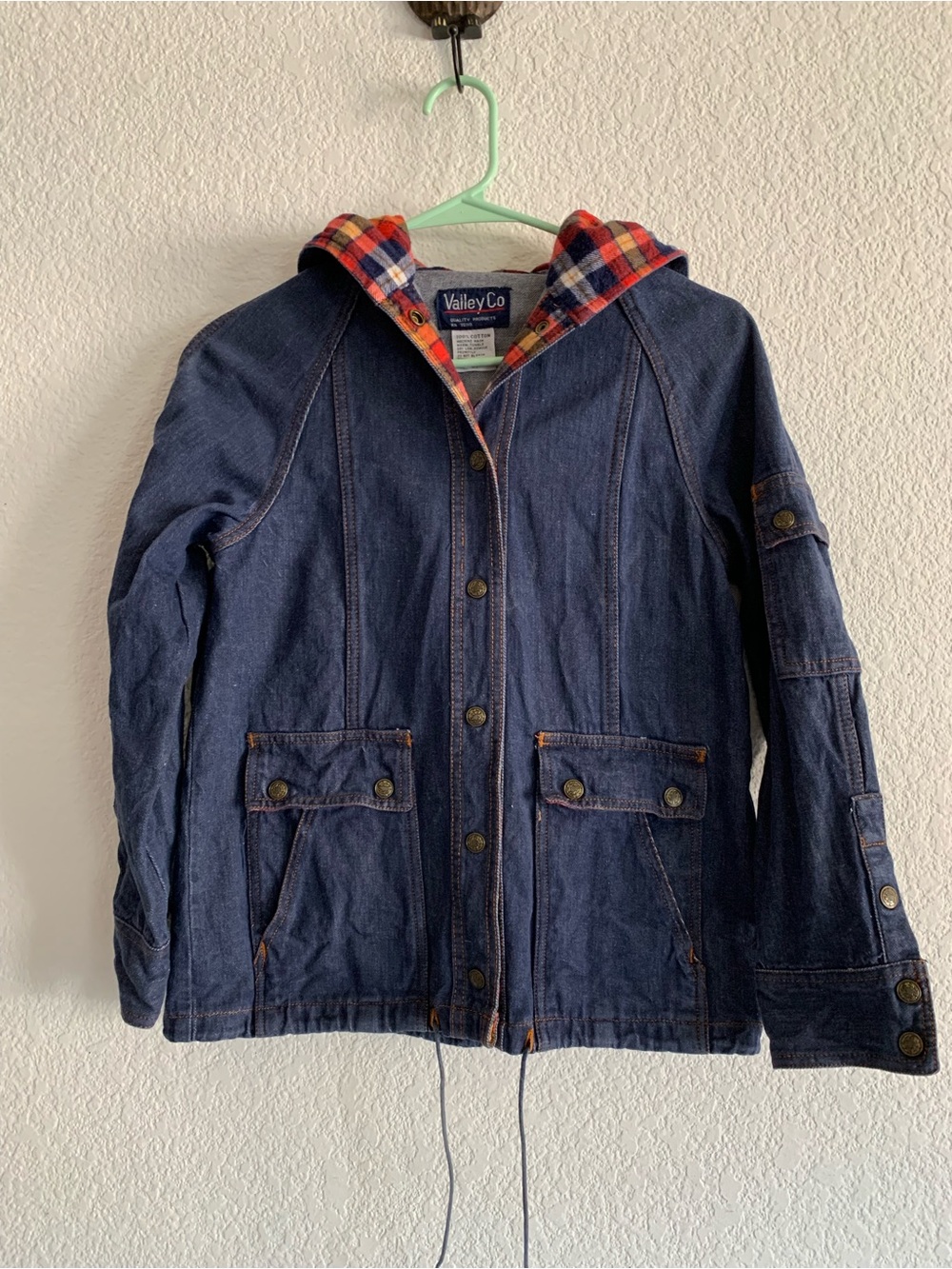 Valley Co Denim Jacket with Red Plaid Hood
